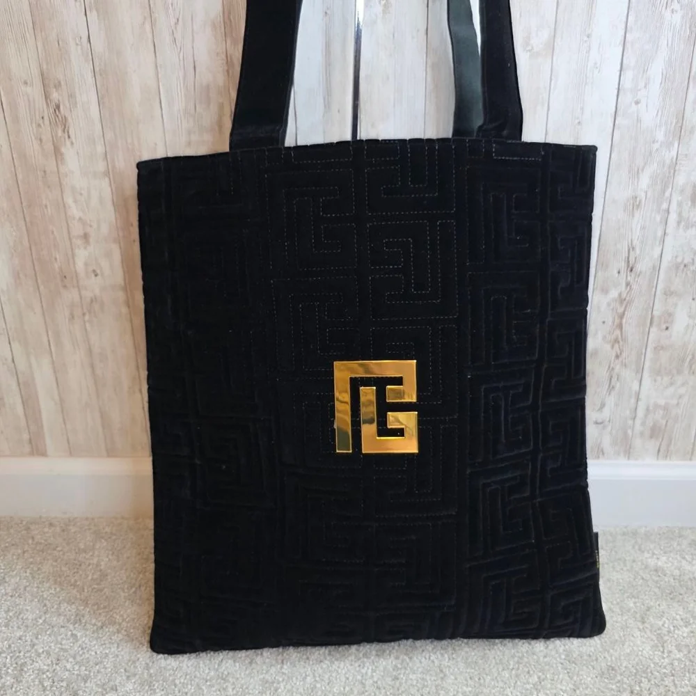Balmain Large Black Velvet Quilted Tote Bag Gold Logo